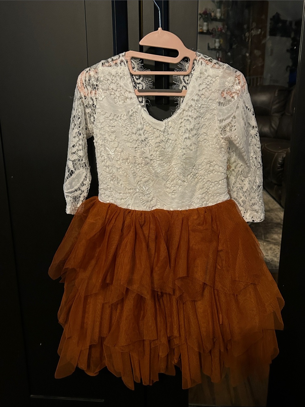 Kids White Lace & Burnt Orange Tulle Formal Dress